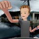 A strange looking avatar with curly hair fist pumps the air in front of destroyed homes.